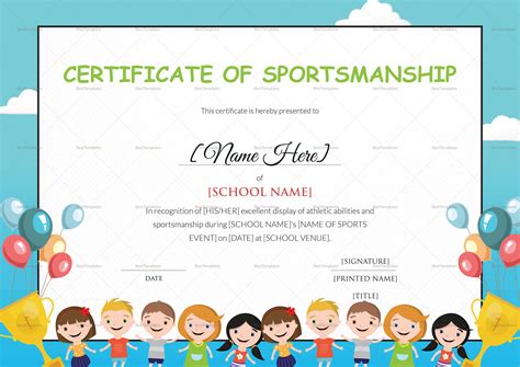 Kids Sportsmanship Certificate Design Template in PSD, Word