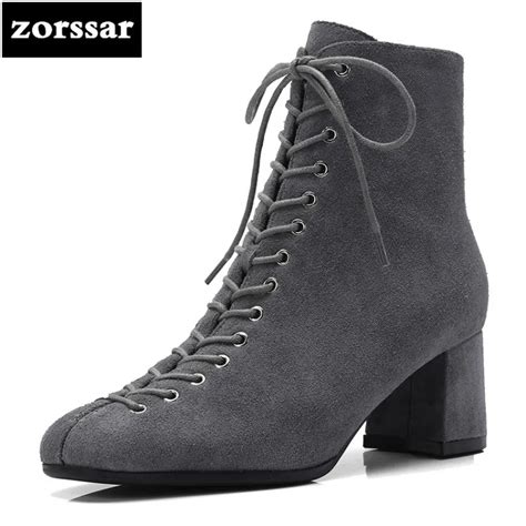 {Zorssar} 2019 Gray Women Boots Winter Suede Leather High heel Boots Thick heel Lace up Ankle ...