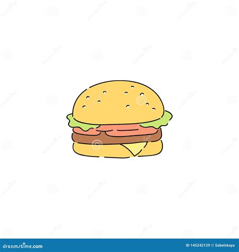 Big Beef Burger with Vegetables, Simple Junk Food Cartoon Drawing Stock ...