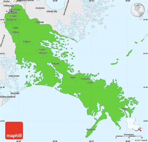 Political Simple Map of Plaquemines Parish, single color outside, borders and labels