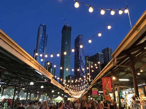 Melbourne goes alright. View of the skyline from the Night Market at Queen Victoria Market ...