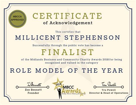 Role Model Of The Year Finalist Certificate - Millicent Stephenson