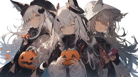 Two Anime Girls With Wolf Cat Outfits Holding Pumpkins Background ...