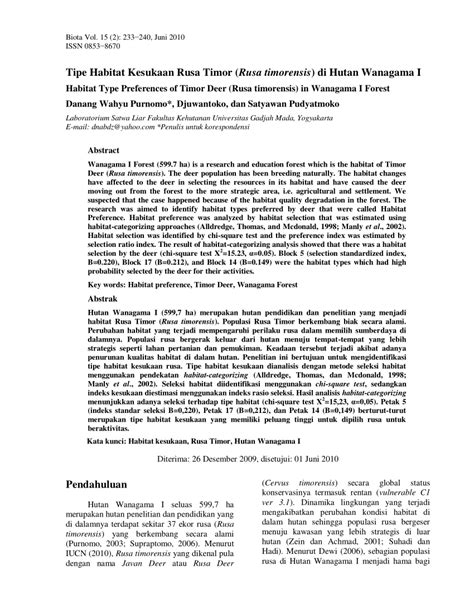 (PDF) Tipe Habitat Kesukaan Rusa Timor (Rusa timorensis) di Hutan Wanagama I