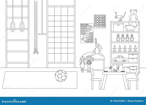 Vector Line Illustration of Children`s Game Room Stock Vector - Illustration of nursery ...