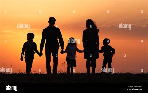 Silhouettes of happy family holding the hands in the meadow during ...