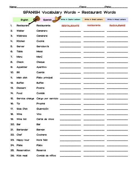 Spanish Restaurant Vocabulary Word List Column Worksheet | Made By Teachers