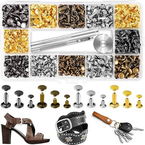 Buy Leather Rivets Kit 420 Sets Double Cap Brass Rivets Leather Studs with 3PCS Setting Tools ...