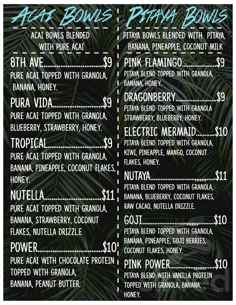 Playa Bowls menu in Baton Rouge, Louisiana, USA