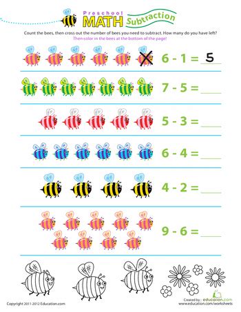 Preschool Math: Take Away the Bees | Worksheet | Education.com ...