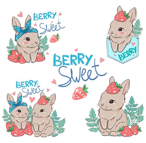 Premium Vector | Set cute bunny with strawberry. berry sweet. illustration.