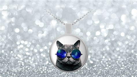 Hipster Cat With Galaxy Glasses Necklace