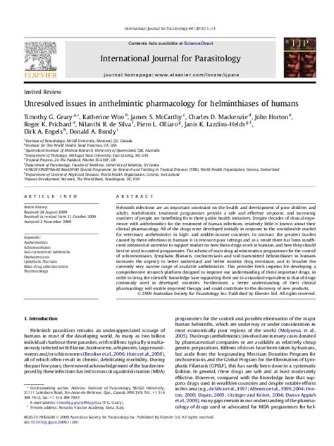 (PDF) Unresolved issues in anthelmintic pharmacology for helminthiases of humans | Timothy Geary ...