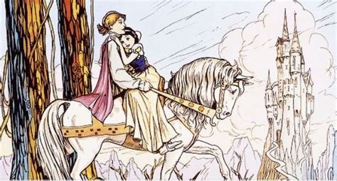 a drawing of a man riding on the back of a horse next to a woman