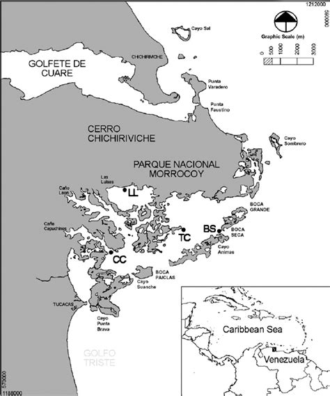 Map of Morrocoy National Park and its surroundings, showing the four ...