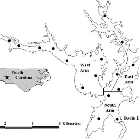 —Map of Badin Lake, North Carolina, showing 16 temperature–dissolved ...