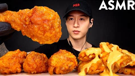 ASMR KOREAN FRIED CHICKEN & CHEESY WAFFLE FRIES MUKBANG (No Talking) EATING SOUNDS | Zach Choi ...