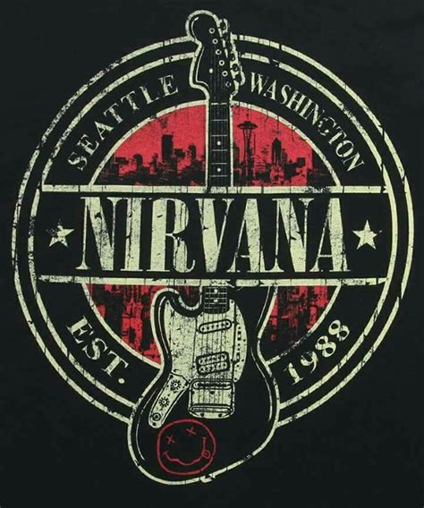 the nirvana band logo with an electric guitar in it's center and words ...