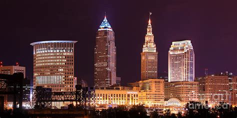 Cleveland Skyline Night Color - Downtown Buildings by Jon Holiday