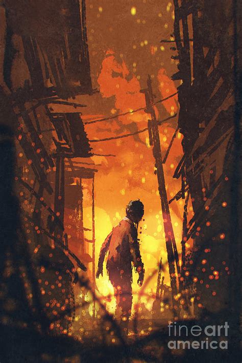 Zombie Looking Back With Burning City Digital Art by Tithi Luadthong ...