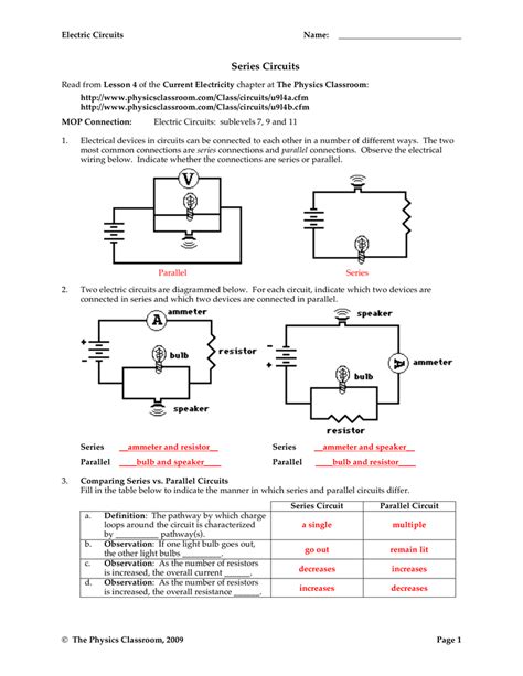 Series Parallel Circuit Problems Worksheet