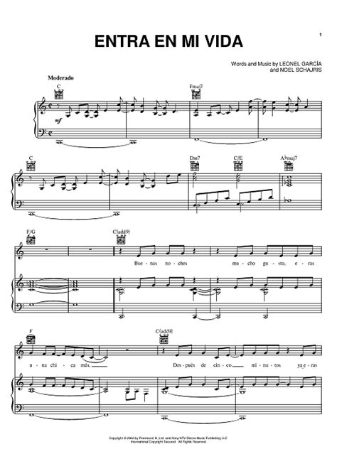 Entra en mi vida" Sheet Music by Leonel Garcia for Piano/Vocal/Chords - Sheet Music Now