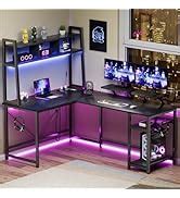 Amazon.com: L-Shaped Gaming Desk with Hutch, Monitor Stands, Storage Shelves, LED Lights & Power ...