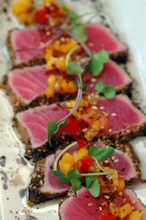 ahi tuna sashimi, mango relish and crisp garlic soil | Fine dining ...