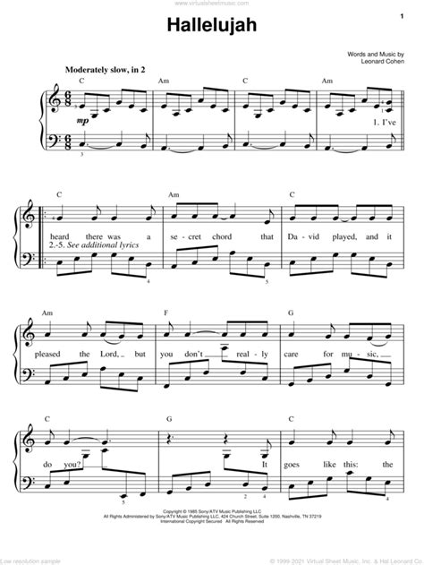 Hallelujah, (easy) sheet music for piano solo (PDF-interactive)