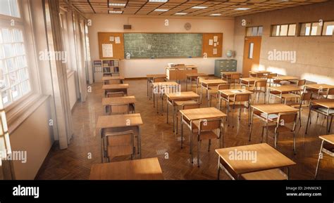 interior of a traditional Japanese school classroom made of wood. 3d ...