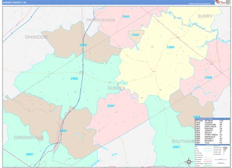 Sussex County, VA Wall Map Color Cast Style by MarketMAPS - MapSales