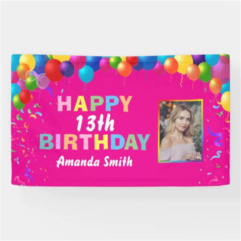 Happy 13th Birthday Colorful Balloons Hot Pink Banner | Zazzle