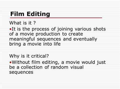 The Concepts and Techniques of Film Editing - 1031 Words | Presentation ...