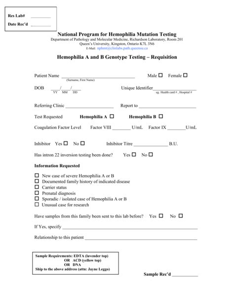 Hemophilia A and B Genotype Testing Requisition