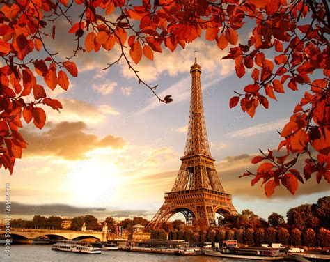 Eiffel Tower with autumn leaves in Paris, France Stock Photo | Adobe Stock