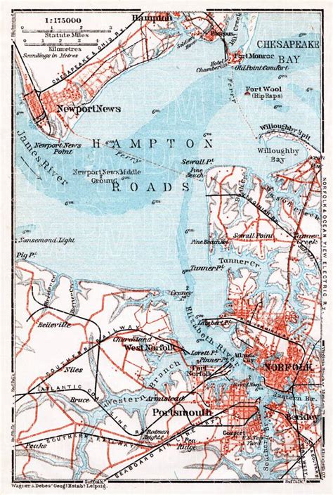 Old map of the Hampton Roads in 1909. Buy vintage map replica poster print or download picture