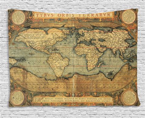 World Map Tapestry, Ancient Old Chart Vintage Reproduction of 16th Century Atlas Print, Wall ...