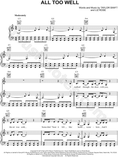 All Too Well Piano Chords | Piano Sheet Music