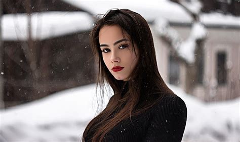 Snowfall, woman model, red lips, portrait HD wallpaper | Pxfuel