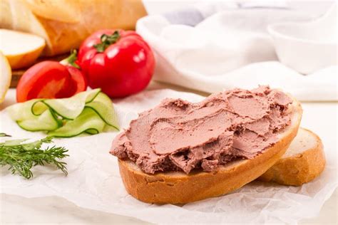 Liver Meat Pate Spread on White Bread, on a Light Background, Breakfast ...