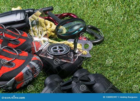 A Lot of Equipment for Extreme Sports in Nature Stock Image - Image of binocular, device: 130092397