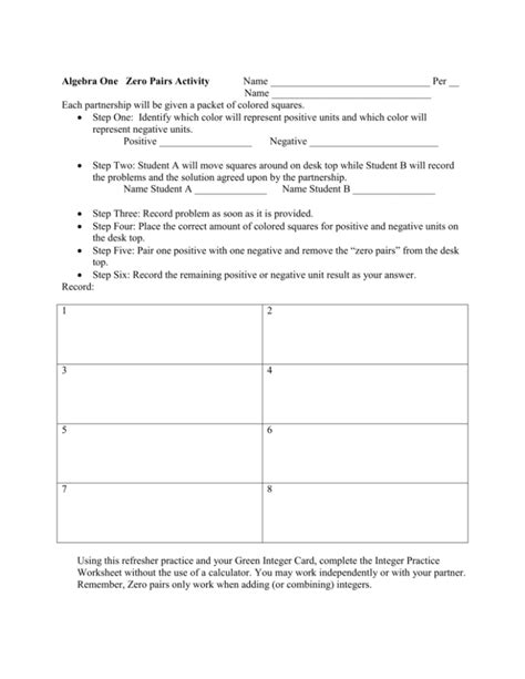 Algebra One Zero Pairs Activity Name Per