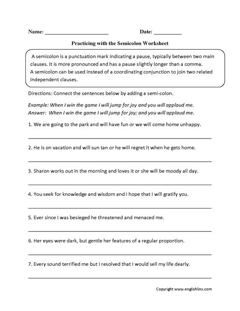 Punctuation Worksheets | Semicolon Worksheets