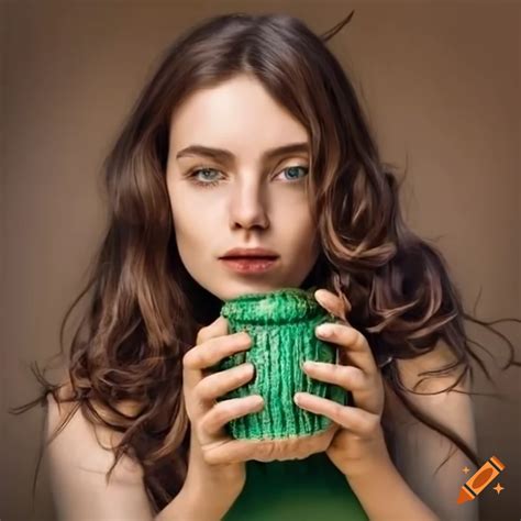 Woman with brown hair holding a green knitted jam jar on Craiyon