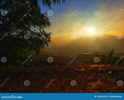 Misty Sunrise Over the Mountains Stock Photo - Image of view, trees ...