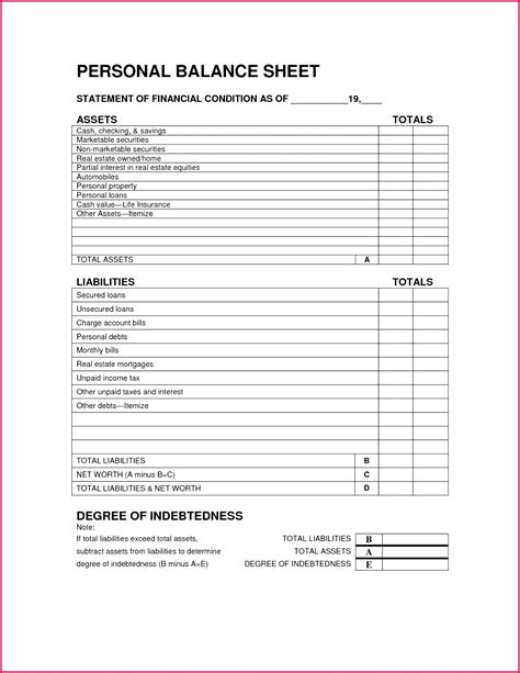 Personal Balance Sheet Excel Template