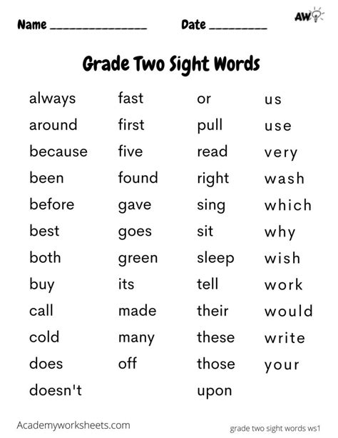 Sight Words For 2nd Grade Worksheet