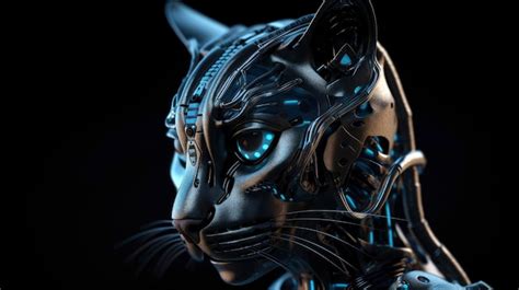 Premium AI Image | A robot cat with blue eyes is shown.