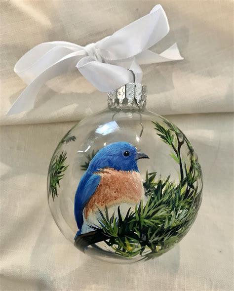 Blue Bird Christmas Tree Ornament Hand Painted Glass Green Pine Sphere Woodland Great Outdoors ...