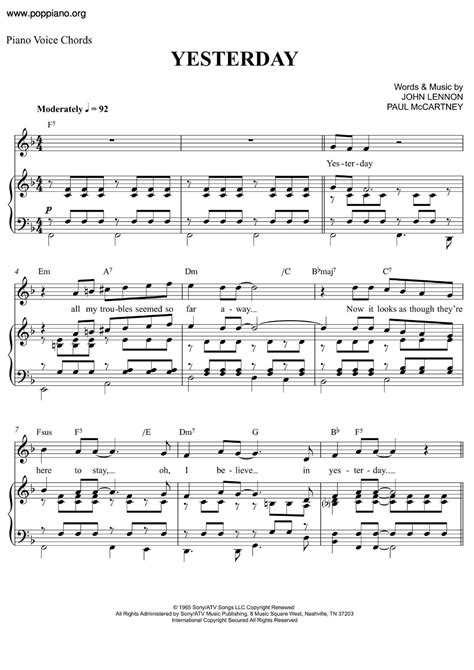 Yesterday Beatles Piano Sheet Music